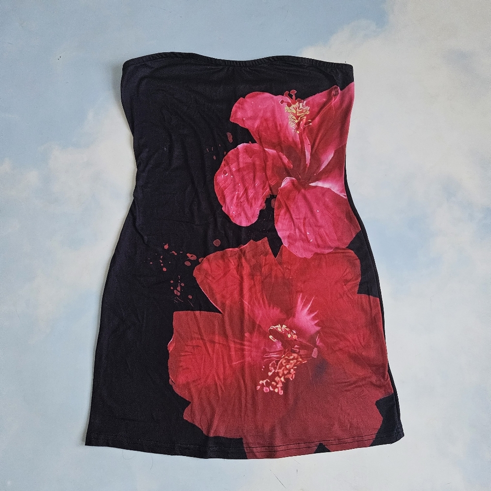 Hibiscus Flower Dress Black & Red Floral Strapless Dress Bodycon Dress Beach